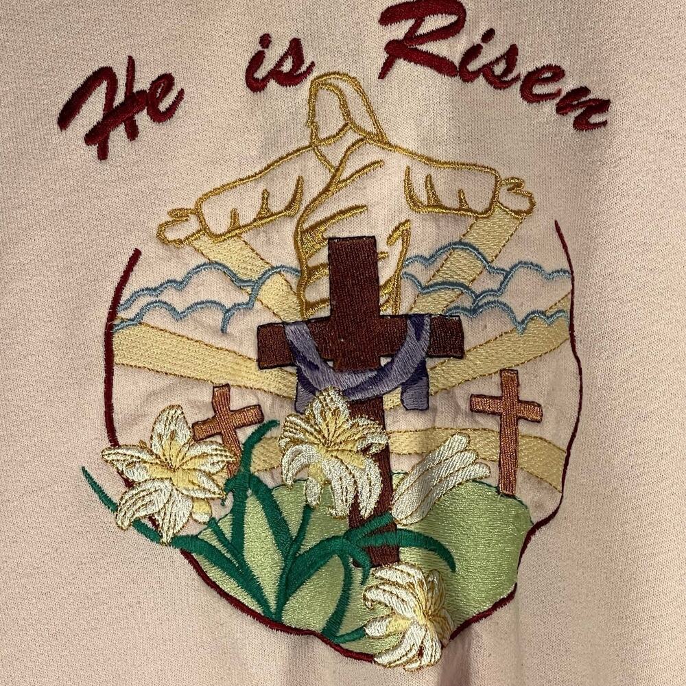 Vintage Jerzees He is Risen Jesus Christ Cross Sweater Sweatshirt Pink Medium - Picture 6 of 10